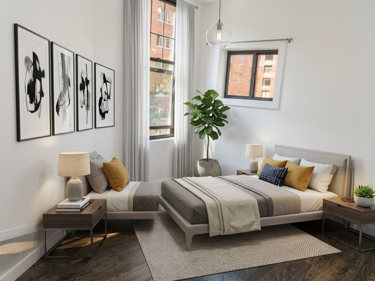 Same bedroom virtually staged with bed, art and plant
